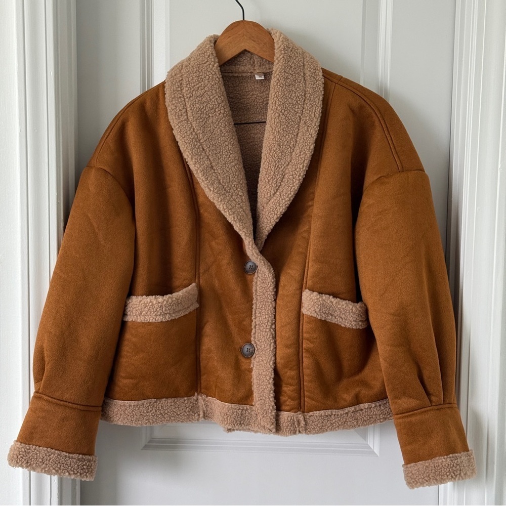 Brown Women's Sherpa-lined Fleece Jacket Stand Collar Button Closure Size S